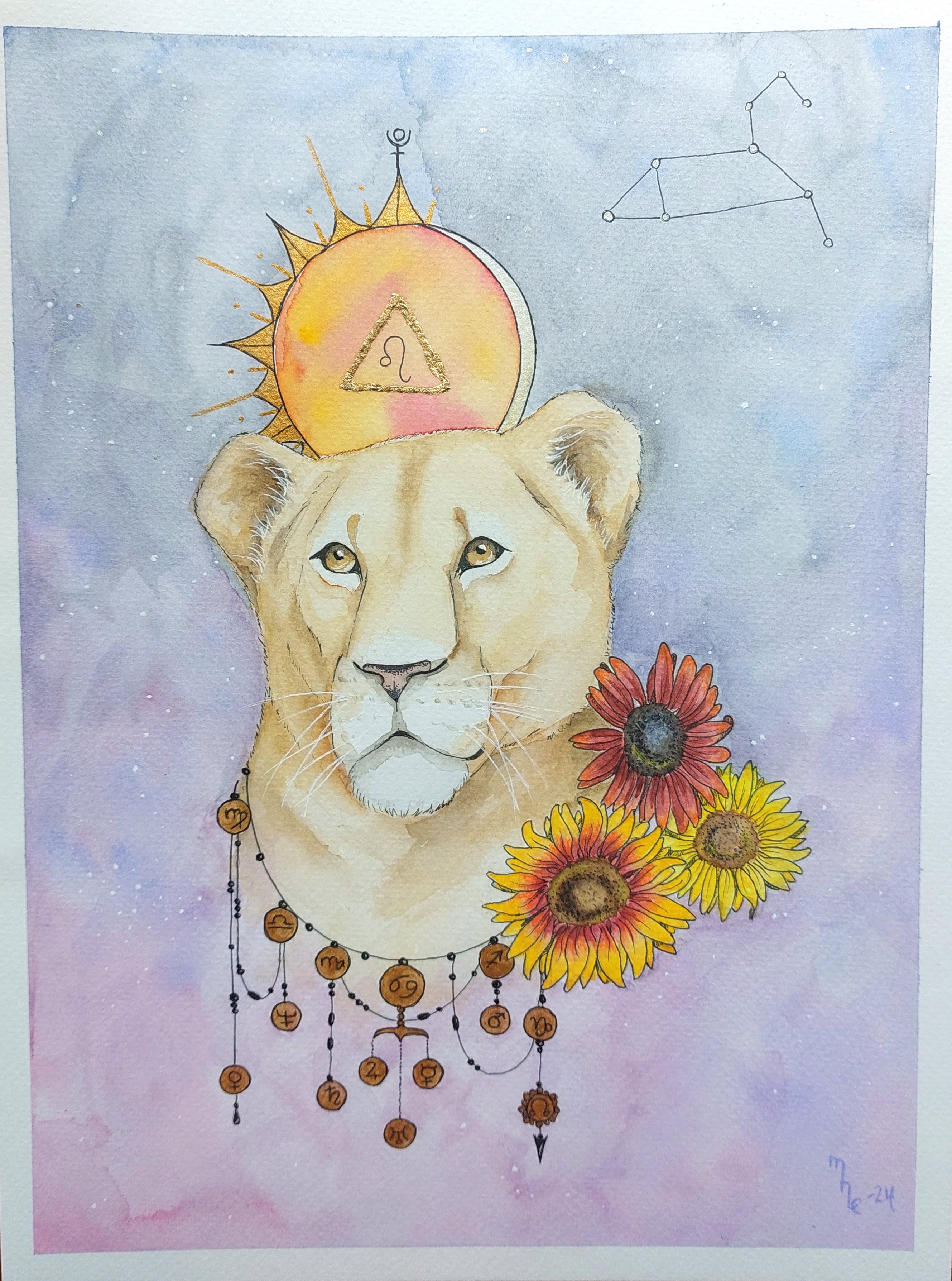 A lioness with yellow and red sunflowers.